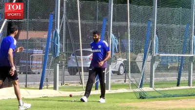 Jasprit Bumrah practices at the nets.