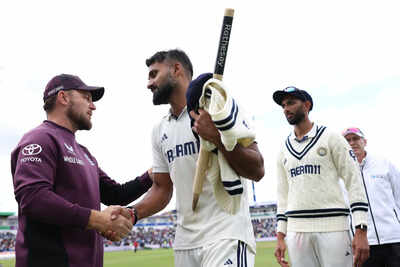 Akash Deep and Brendon McCullum shake hands after India's victory at Edgbaston