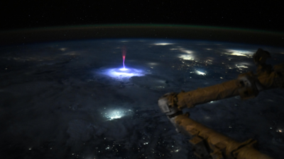Astronaut photographs a red sprite from space.