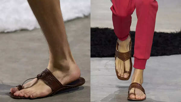 Close-up of Prada sandal resembling Kolhapuri chappal