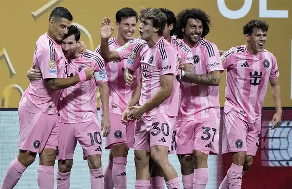 Lionel Messi celebrates a goal with Luis Suarez for Inter Miami